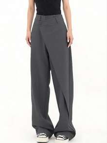 Pantalones anchos de traje para mujer, pantalones sueltos negros, pantalones rectos asimétricos, pantalones casuales delgados y elegantes para primavera/verano - Gris - Ver 9