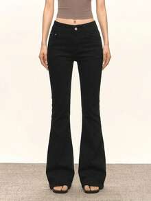Women's High-Waisted Black Slim-Fit Stretch Flared Jeans With Pockets - A Versatile And Flattering Style. - Black - View 6
