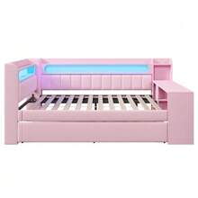 Upholstered Daybed 140x200 Cm With USB Ports And LED Strip, Pull-Out Bed And Desk, Pink - Pink - View 9