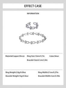 1 Set de joyería de metal con cadena en forma de U estilo retro de lujo, pulsera abierta y anillo con exquisitos rhinestones, adecuado para uso diario y como regalo para mujeres - Plateado - Ver 2