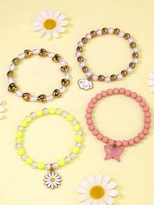 Bộ 4 vòng tay hình bướm, trái tim, mặt cười, đính ngọc trai và hoa cúc, phụ kiện trang sức cho bé gái, quà tặng. - Nhiều màu - Xem 3