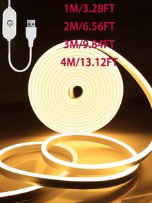 1 m/2 m/3 mètres/4 m/5 m Bande lumineuse décorative LED Néon flexible USB, éclairage ambiant gradable, alimenté par USB, convient pour l'éclairage domestique intelligent, ambiance blanc chaud, technologie de gradation intelligente, bande lumineuse ambiante flexible et gradable pour maquillage en direct, miroir, éclairage de miroir de salle de bain, gradation tactile - Bande néon tactile USB - Voir 5