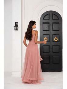 Greek Goddess Gala Dress In Tulle Without Glitter, With Capes And Invisible Zipper - Rose - View 2