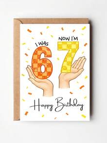 1pc Greeting Card With Envelope, Funny Birthday Card For Family & Friends, Birthday Gift Featuring Hands Holding Glitter Checkered "I Was 6 Now I'm 7 Numbers & Confetti Design, A Beautiful And Fun Birthday Greeting Card - Multicolor - View 3