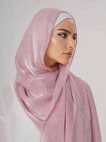 1pc Women's Basic Solid Color Silk-Like Elegant Shiny Soft Headscarf, Arabian Casual Long Scarf, Conservative Plain Headwrap, Suitable For Daily Use, SHIMMER HIJAB For Dress - 粉色 - 查看 3
