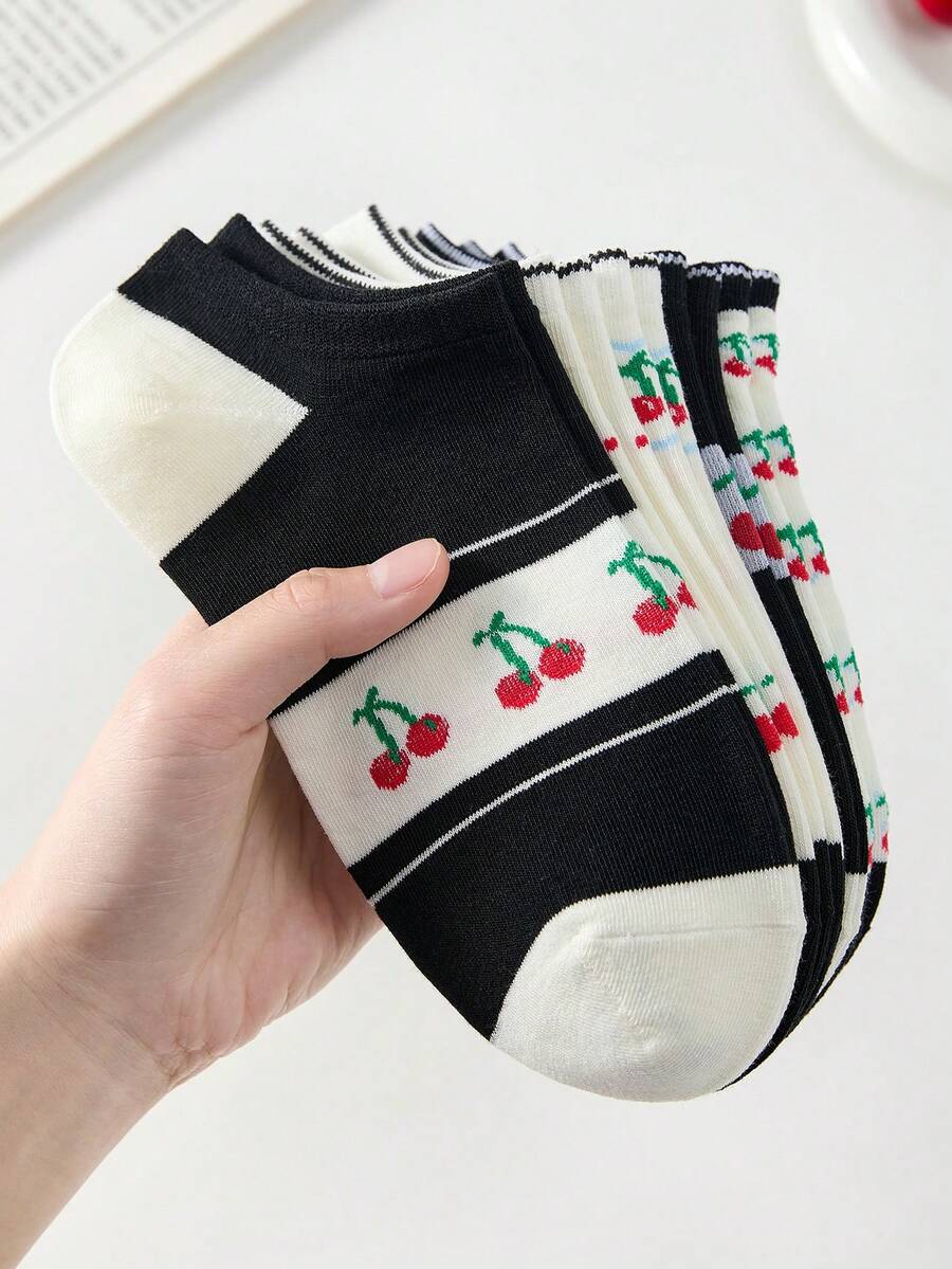 5 đôi tất nữ cổ ngắn họa tiết trái tim anh đào đen trắng, kiểu dáng retro ngọt ngào, phù hợp cho trang phục thường ngày, phối cùng giày thể thao, váy hoặc quần jeans, màu ngẫu nhiên. - Nhiều màu - Xem 1