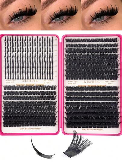 592 piezas Rizos D 10-16mm Tallo ancho Racimos de pestañas individuales DIY, aspecto natural y extra grueso Kit de extensión de pestañas individuales reutilizable para uso personal en casa o en movimiento para la vida diaria, boda, citas, fiesta, festival de música, día de primavera, viaje