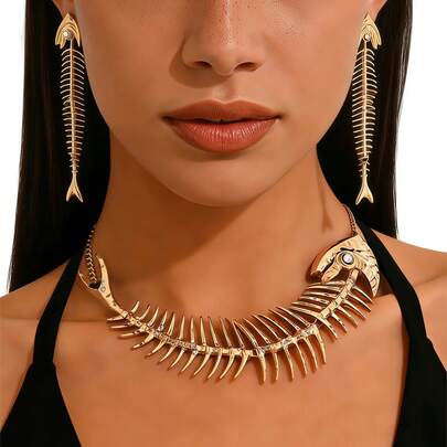 2pcs Punk Style Elegant Gold-Plated Alloy Rhinestone Fish Bone Necklace & Earrings Set, Party, Banquet, Street Fashion Jewelry