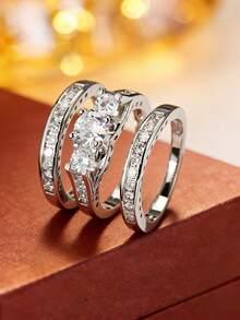 1pc Three-Layer Stacked Rhinestone Ring, Niche Design Luxury Zirconia Stone Knuckle Ring, Versatile For Daily Wear, Gifts, Parties - Ring Set - View 9