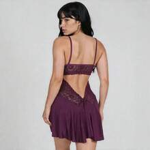 Set Of 2 Women's Sensual Ballerina Sexy Nightgowns With Lace, Red And Black Sleepwear - 酒紅色 - 查看 3