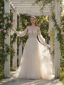 YOUKEFEIER Strapless Sexy Deep V Lace Embroidery With Beaded Long Wedding Dress - White - View 10