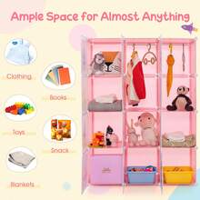 COSTWAY Portable Children Wardrobe With 12 Cubes And 2 Clothes Hanging Section, Pink - Pink - View 8