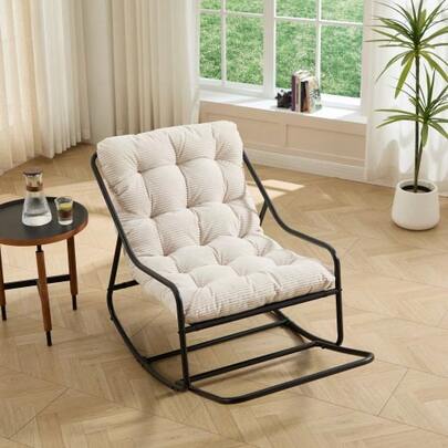 Outdoor Rocking Chair With A Comfortable, Thick Cushion, Ideal For The Living Room, Bedroom, Or Reading Nook. Black Frame And White Cushion.