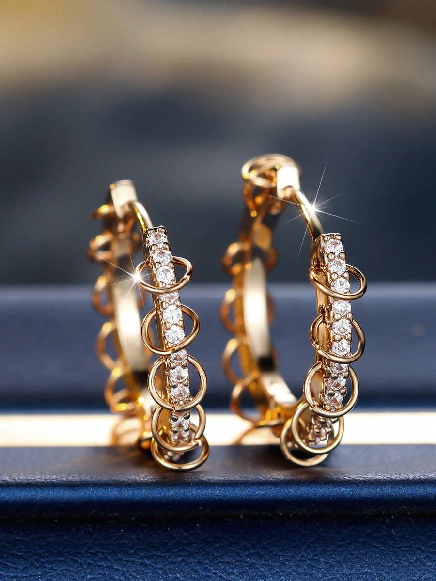 一对金色镶钻锆石圈形耳环，链条式耳环，精致闪亮首饰，女士礼物 - 金黃色 - 查看 1