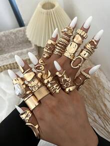 20/15/10/3pcs Vintage Elegant Casual Bohemian Style Women Metal Rings Set, Includes Baroque Asymmetric Ruffle Asymmetric Pearl Hollow Heart Geometric Water Drop Multi-Element Combination Metal Rings Suitable For Women's Daily, Party, Wedding, Holiday, Valentine's Day, Date Wear, Gift (Random Delivery) - Gold - View 4