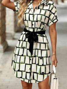 Đầm sơ mi nữ tay ngắn cổ bẻ, thắt lưng, in họa tiết, kiểu dáng tối giản thanh lịch, thích hợp cho mùa xuân/hè. - trắng - Xem 4