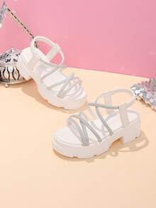 1 Pair Children's Summer Silver Rhinestone High Heel Sandals, Criss-Cross Strap Kids Thick Sole White Sandals, Minimalist Solid Color Versatile Elastic Band Casual Sandals, Suitable For Daily Wear And Matching Outfits - White - View 6