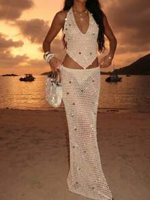 Bộ đồ hai mảnh dành cho nữ năm 2026, phong cách Bohemian mới, gồm áo dệt kim cổ chữ V đính sequin và họa tiết vỏ sò, kết hợp với chân váy dài xuyên thấu khoét hở gợi cảm. - Màu be - Xem 6