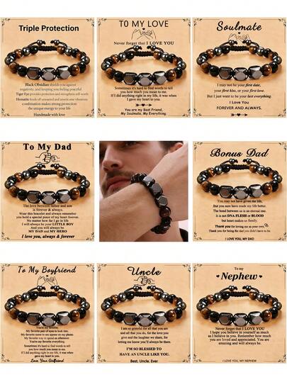 1 chiếc vòng tay cổ điển dành cho nam giới - Vòng tay đính đá Hematit, Obsidian đen, Mắt hổ, bảo vệ ba lớp, trang sức chữa lành, quà tặng sinh nhật, quà tặng Ngày của Cha.