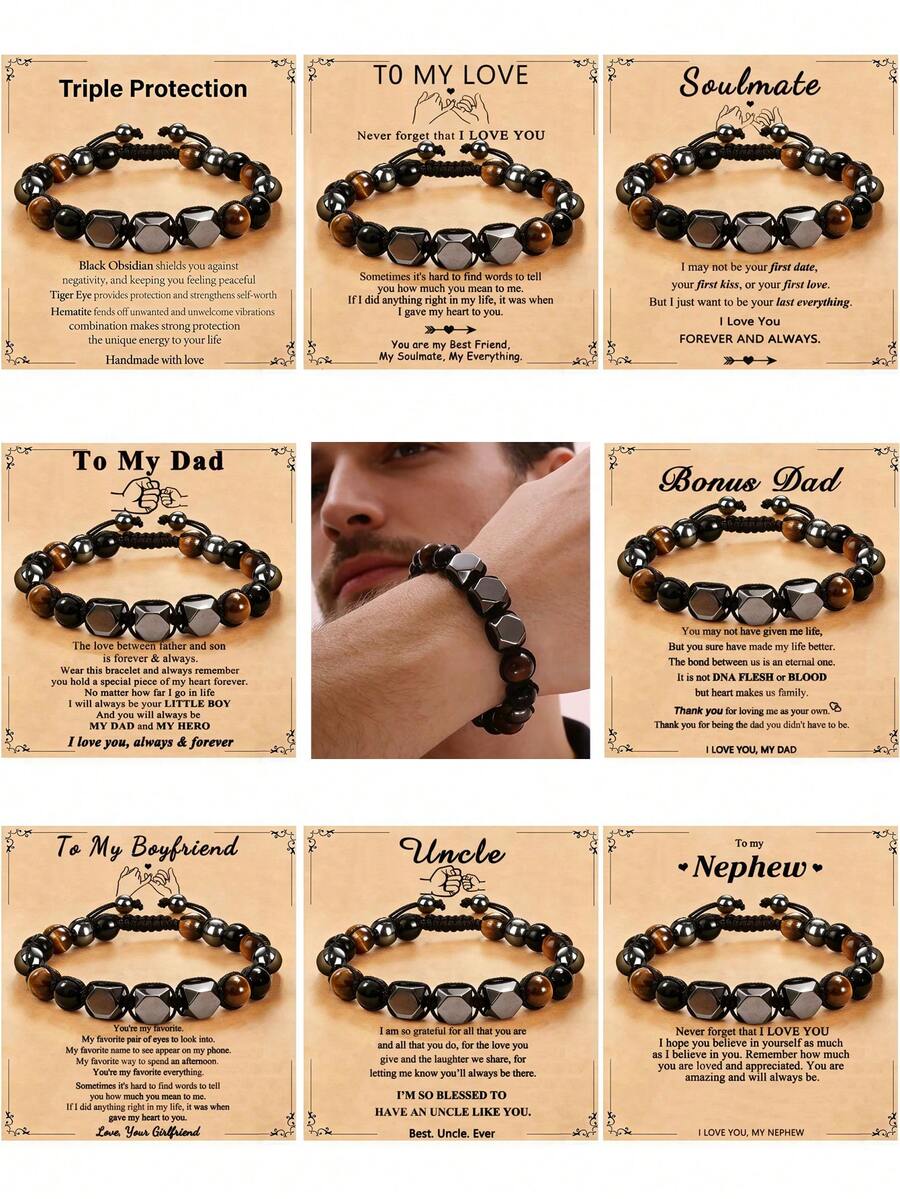 1 chiếc vòng tay cổ điển dành cho nam giới - Vòng tay đính đá Hematit, Obsidian đen, Mắt hổ, bảo vệ ba lớp, trang sức chữa lành, quà tặng sinh nhật, quà tặng Ngày của Cha. - Nhiều màu - Xem 1
