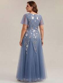 EVERPRETTY Plus Size Women's Rose Floral Sequin Decor V-Neck Formal Party Dress, Ruffle Hem A-Line Maxi Gown, Suitable For Wedding Guest Spring - Dusty Blue - View 6