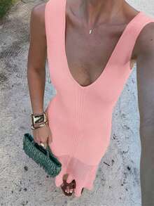 Senya 2026 New Deep V-Neck Sleeveless Knit Dress, French Elegant Style With Ribbed Fishtail Hem, Slim & Flattering, Suitable For Commute, Beach, Vacation Or Date Spring - Coral Pink - View 6