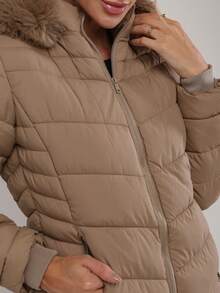 Women's Fleece Jacket, Autumn/Winter Chic Coat, Puffed Sleeve, Removable Hood, Faux Fur - 棕色 - 查看 6