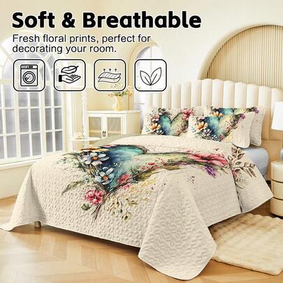 2/3Pcs Bedding Set (1Pc Bedspread + 1/2Pcs Pillowcase), Digital Heart & Floral Print, Soft & Comfortable, Fashionable & Fresh, Suitable For Hotel, Bedroom, Dorm, All Seasons