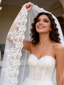 Velo de novia de catedral, de una sola capa sin peine, velo de novia con borde de encaje, accesorio para vestido de novia - lechoso - Ver 2
