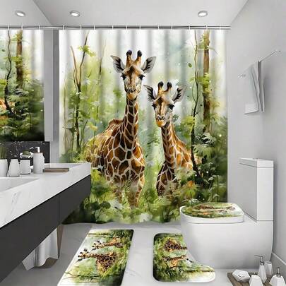 1/3/4件套可水洗涤纶长颈鹿印花浴帘套装，带挂钩 - 丛林森林主题设计，两只长颈鹿在树叶丛中，四季皆宜的浴室装饰，保护浴缸隐私，现代家居饰品，长颈鹿装饰，浴室窗帘浴帘套装，家居装饰，浴室装饰