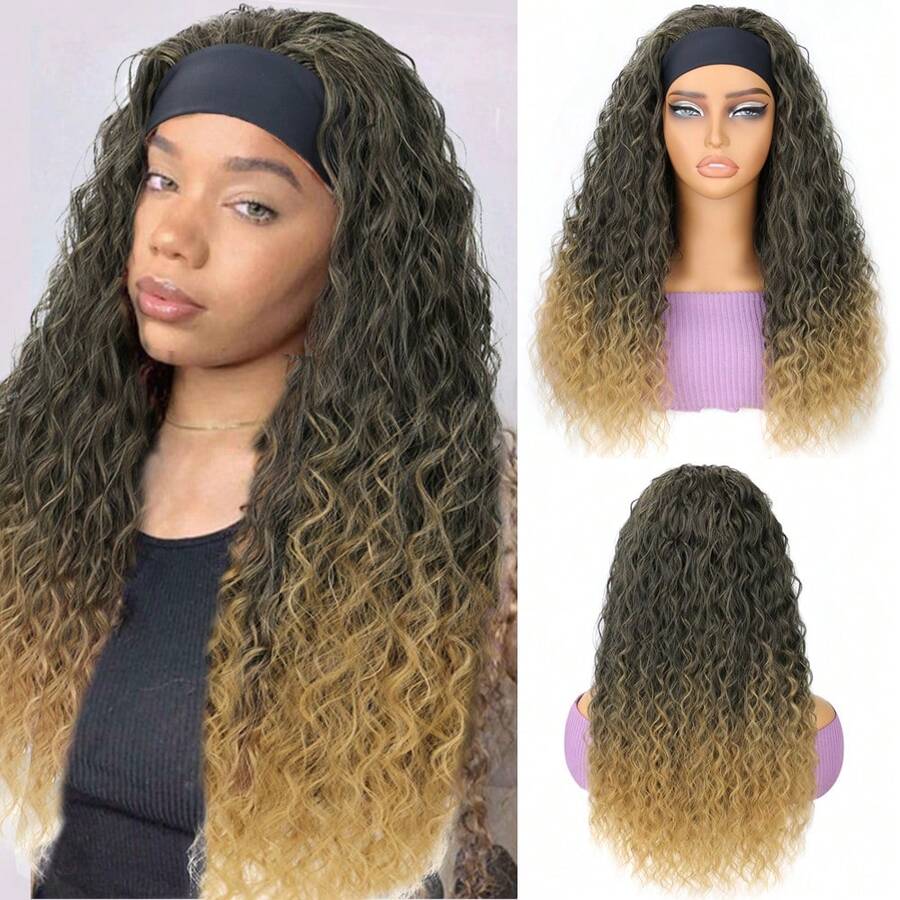 Water Wave Glueless Wig With Headband Black Synthetic Curly Wave Headband Wig Halloween Wig For Women - T27 - 查看 1