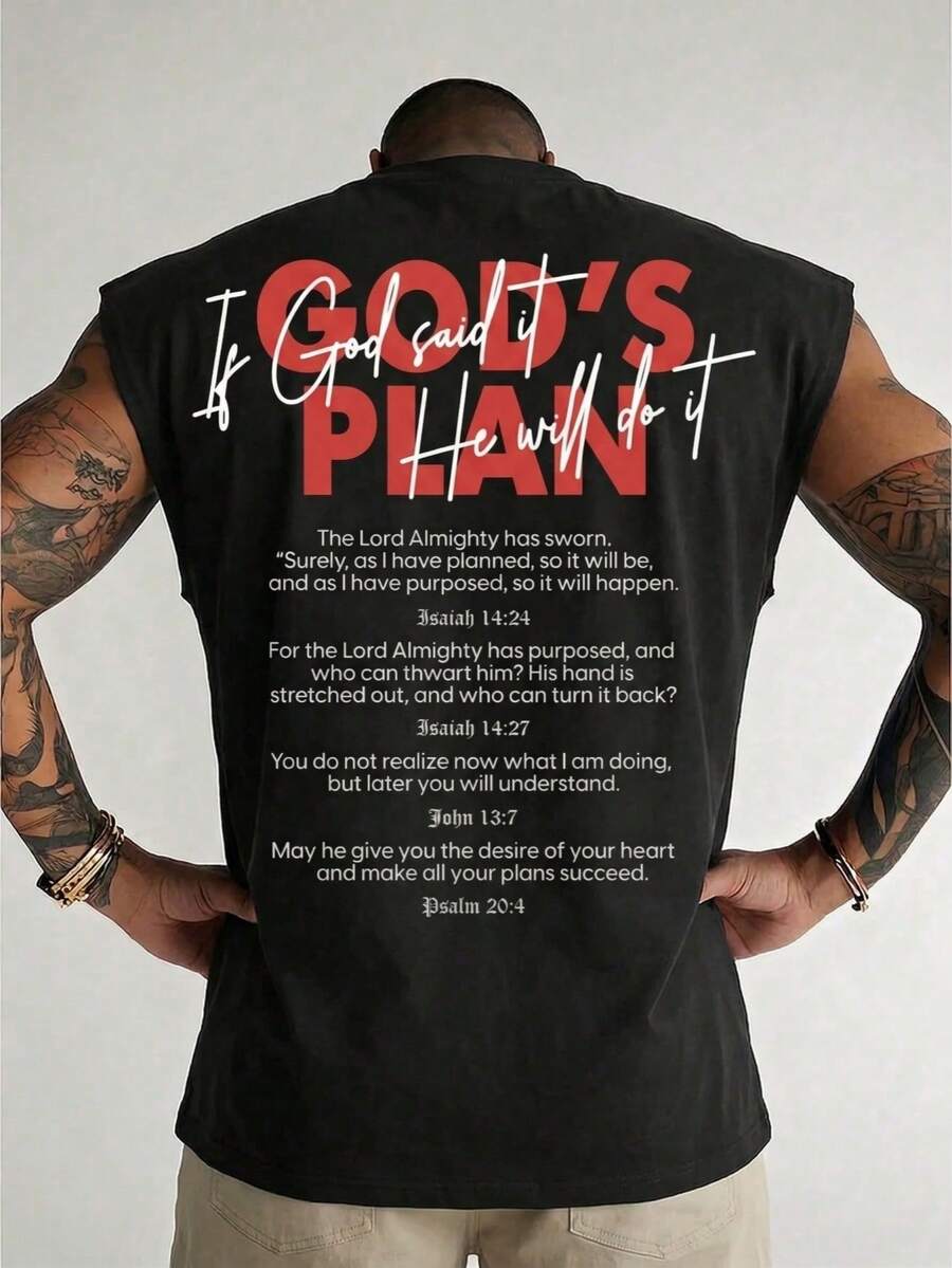 男士“上帝的计划”字母标语圣经经文图案无袖背心，休闲夏季健身街头风T恤，双面印花，基督教宗教主题，触感柔软 - 黑色 - 查看 1