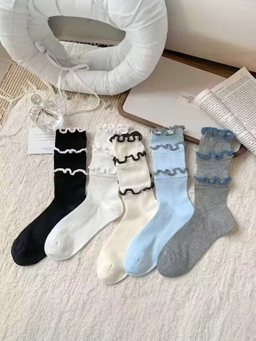 5双装蛋糕蕾丝袜 - 三层蕾丝设计优雅中筒袜,趣味女袜,春夏薄款中筒袜,网眼设计,轻盈透气速干袜,堆堆袜(适合夏季穿搭) - 彩色 - 查看 1