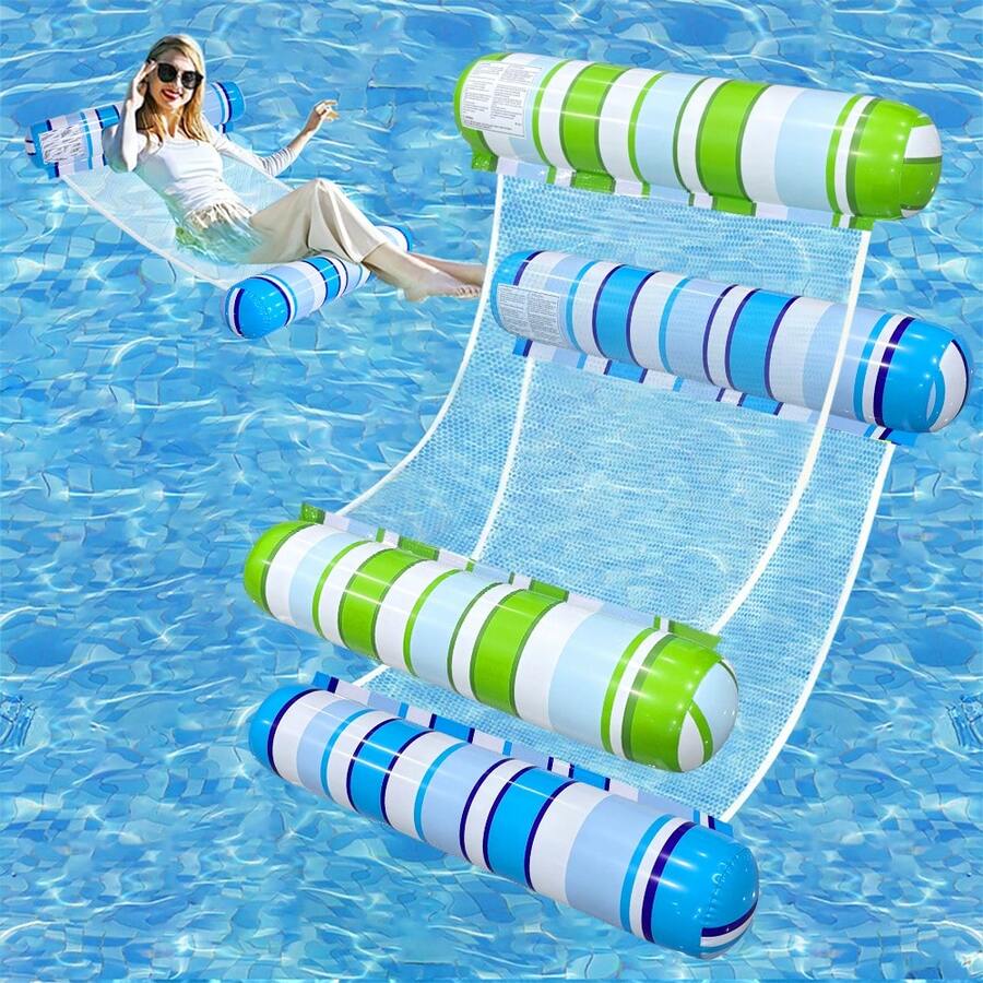 1 pieza Hamaca inflable de rayas degradadas de doble tubo, silla flotante plegable de PVC adecuada para playa de verano, fiesta en la piscina y recreación acuática - Hamaca de dos tubos - Ver 1