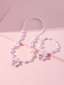 Conjunto de 2 peças com pingente de flor delicada, pérola e miçangas de vidro. Ideal para festas, escola, aniversários e como presente para meninas. Cor aleatória. - Multicolorido - Ver 5
