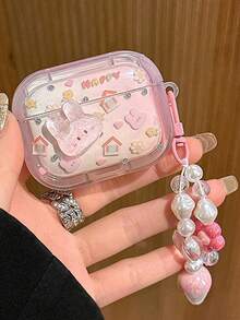 1个透明粉色TPU防震可爱兔子耳机保护套，带珍珠吊坠，兼容蓝牙耳机1/2代、Pro 3/4代 - 彩色 - 查看 4