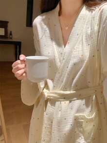 Women's Bathrobe,Women's Bathrobe - Simple European Style Long-Sleeved Bathrobe Loungewear,Kimono Robe,Minimalist European Style Long Sleeve Robe, Sweet & Cute, Colorful Speckled Decorations, Suitable For Spring And Autumn Back To School - Multicolor - View 1