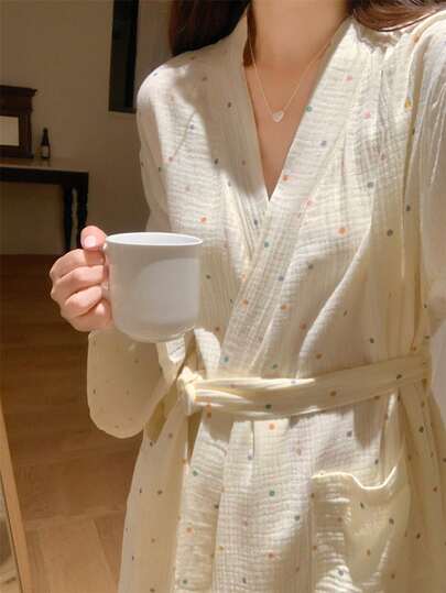 女士浴袍，女士睡衣 - 简约欧式长袖睡衣，和服式浴袍，睡衣，简约欧式长款浴袍，甜美可爱，尺码齐全，彩色波点装饰，纯色睡衣，家居休闲服，宽松时尚，适合春秋季穿着