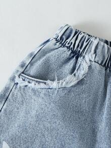 1件装 女童户外休闲复古甜美蝴蝶刺绣做旧松紧腰阔腿百搭牛仔裤 - 淺色水洗藍 - 查看 5