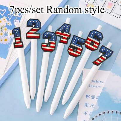 Bộ 7 bút gel hình chữ số và chữ cái thiết kế cờ Mỹ, bút ký văn phòng, thích hợp cho nhật ký, bài tập về nhà, quà tặng nhân dịp tựu trường/Ngày Nhà giáo.