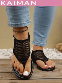 1 Pair Women's New Fashion Flat Sandals, Casual Beach Resort Fabric Hook And Loop Strap Flat Sandals, Summer - Black - View 3