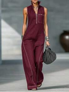 2026 New Model European And American Women's Stand Collar Sleeveless Casual Loose Cotton-Linen Jumpsuit, Elegant Women's Outfits - 酒紅色 - 查看 11