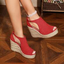 Velvet Fashion Button Closure Jute Rope Stylish Lightweight Wedge Shoes For Women - Red - View 12