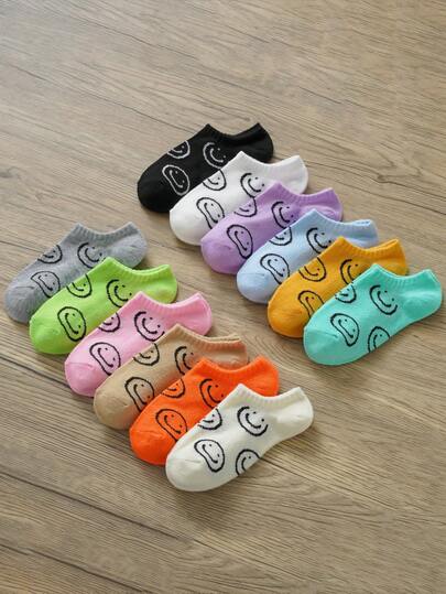 12 đôi tất thuyền in hình mặt cười cho trẻ em, tất cổ ngắn thoáng khí thoải mái dành cho bé trai và bé gái