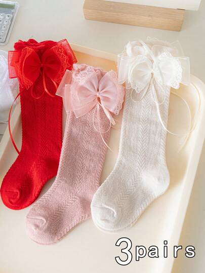 3 Paar Mädchen Kniestrümpfe, weich, atmungsaktiv, modisch mit Schleifen-Dekor im Prinzessinnenstil, süß und schön, geeignet für Geburtstagsfeiern, Casual, Feiertage, Alltagstragen
