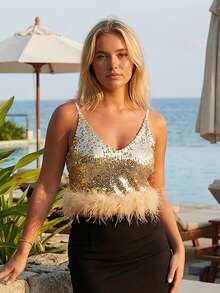 Women's Y2K Fuzzy Fluffy Halter Triangle Crop Top With Mini Skirt Two Piece Set For Party - Gold - View 4