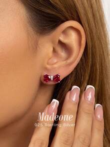 MADEONE 1对925纯银心形耳钉，女士耳环，节日、生日、婚礼、订婚、新娘首饰、情人节礼物 - 愛心耳釘-紅鋯 - 查看 2
