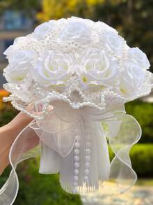 8.66 Inch Artificial Wedding Bouquet, Bridal Faux Pearl Veil Decorated Rose Bouquet, Suitable For Wedding Ceremony, Anniversary, Homecoming And Other Occasions, Valentine's Day Gift,Festival,Birthday - Multicolor - View 14
