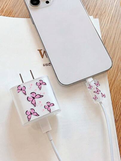 4个紫色蝴蝶图案TPU充电器保护套，兼容 13/14/15，适用于18W/20W适配器 - 包含线缆和接口保护盖，理想的礼物