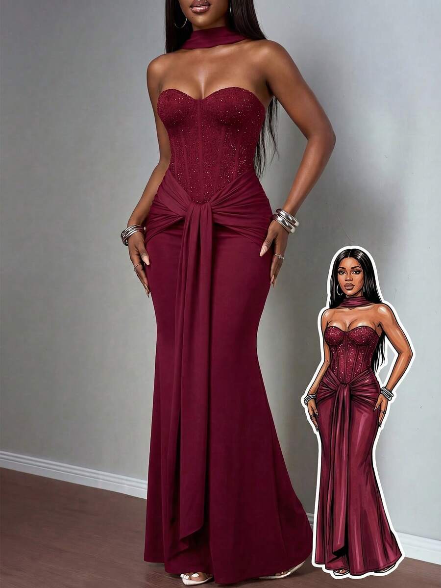 Valentine's Day, Date Night Outfit, Gifts For Her Women's Elegant Burgundy Maxi Dress With Strapless Beaded Corset Bodice, Choker Neckline And Draped Front Sash For Party, Evening Wear - Màu Đỏ Sâu - Xem 1